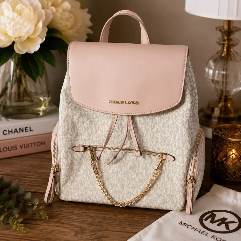 Michael Kors Abbey Medium Backpack Vanilla MK Logo Blush Pink Leather Gold Chain